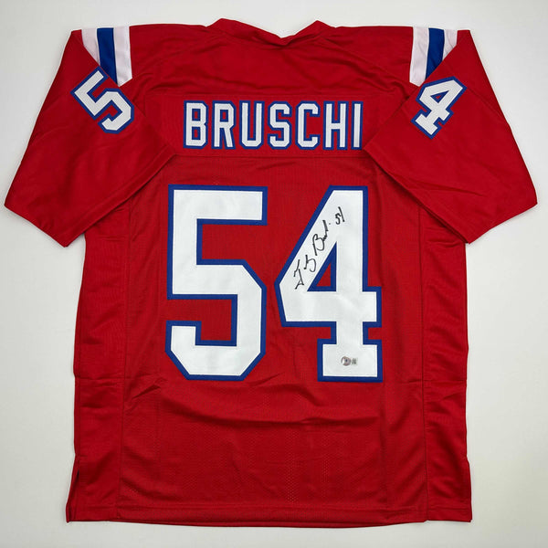 Autographed/Signed Tedy Bruschi New England Red Football Jersey Beckett BAS COA