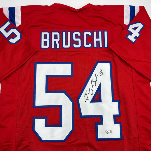Autographed/Signed Tedy Bruschi New England Red Football Jersey Beckett BAS COA