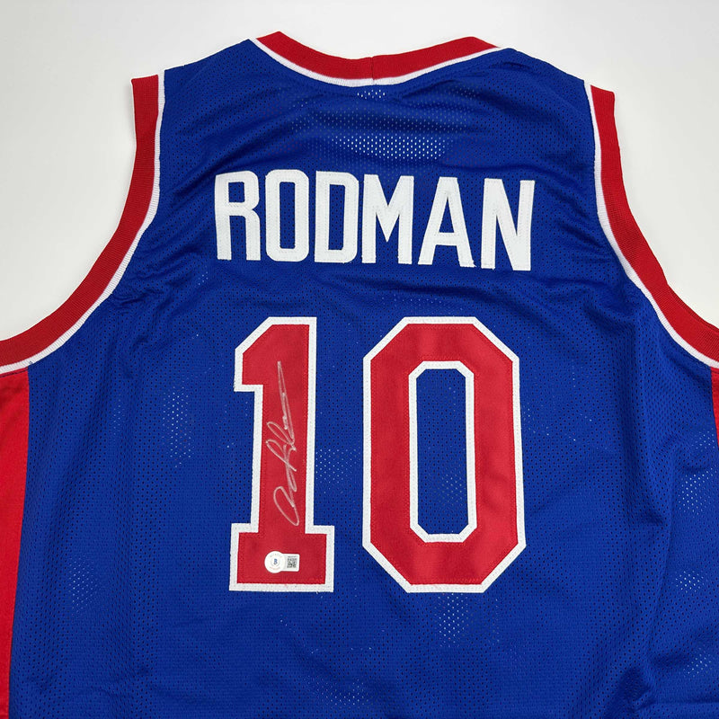 Autographed/Signed Dennis Rodman Detroit Blue Basketball Jersey Beckett BAS COA