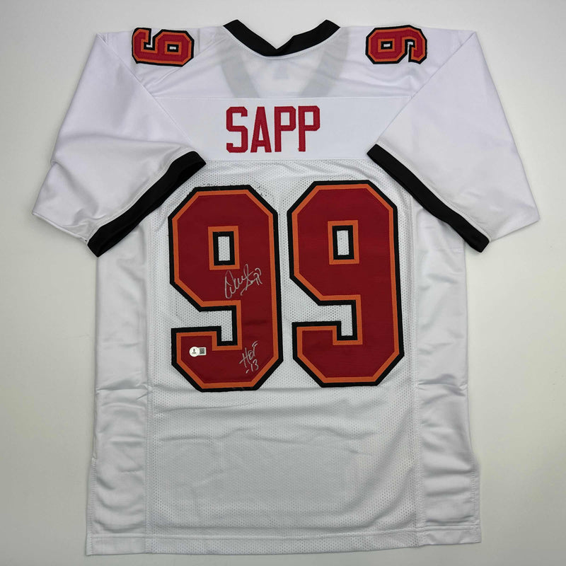 Autographed/Signed Warren Sapp HOF 13 Tampa Bay White Football Jersey Beckett BAS COA