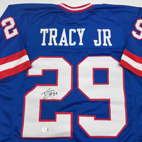Autographed/Signed Tyrone Tracy Jr. New York Blue Football Jersey Beckett BAS COA #2