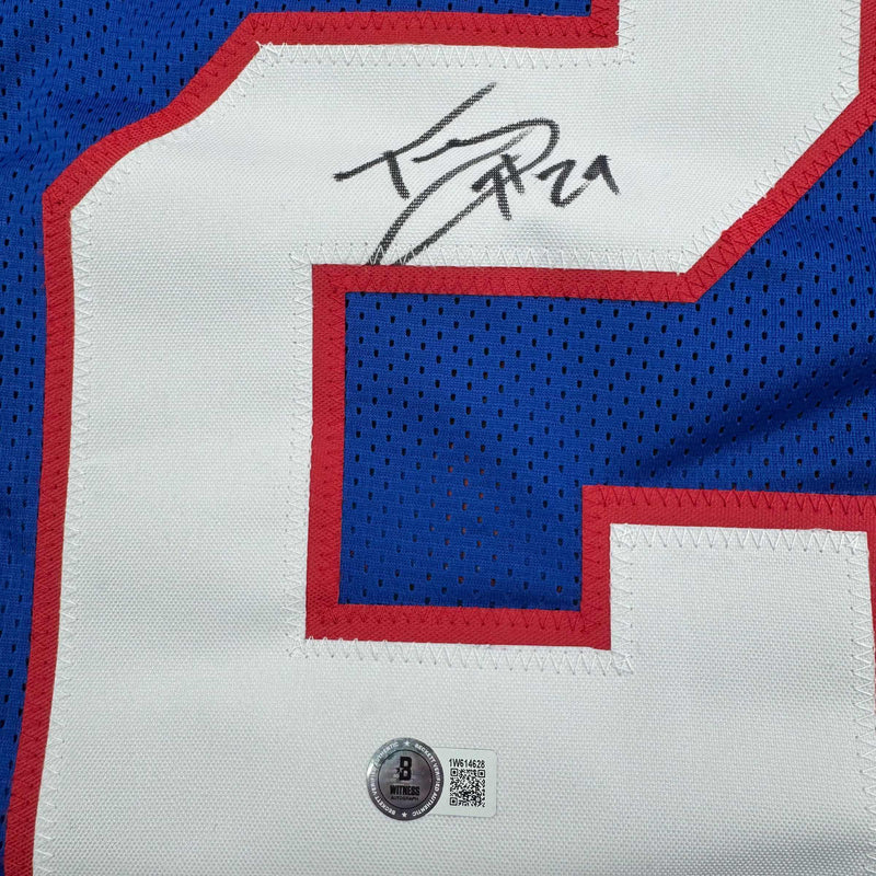 Autographed/Signed Tyrone Tracy Jr. New York Blue Football Jersey Beckett BAS COA #2
