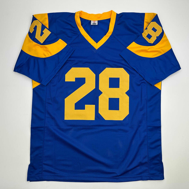 Autographed/Signed Marshall Faulk St. Louis Blue Football Jersey Beckett BAS COA