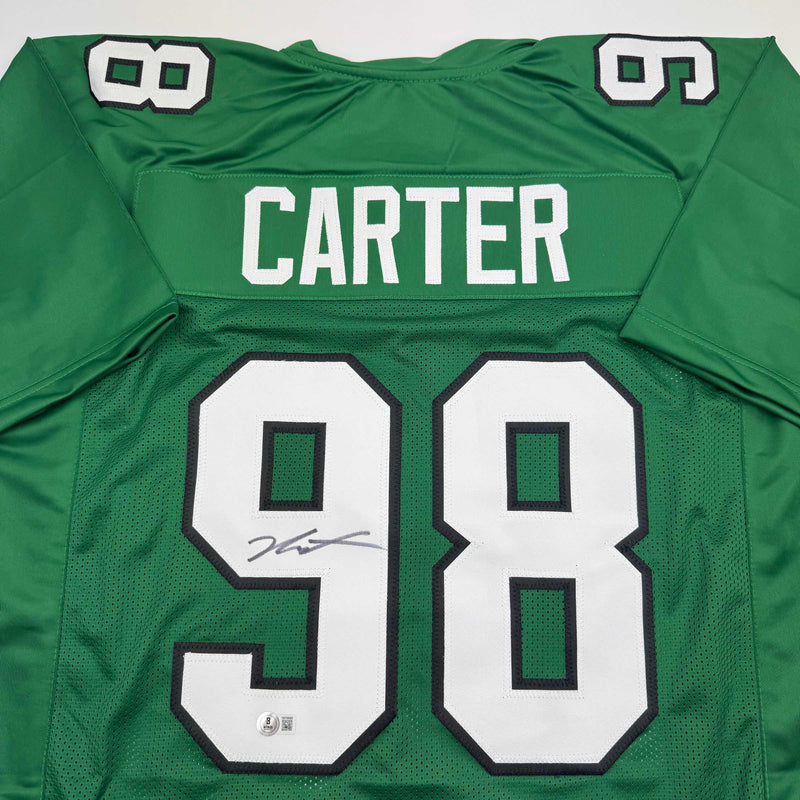 Autographed/Signed Jalen Carter Philadelphia Kelly Green Football Jersey Beckett BAS COA