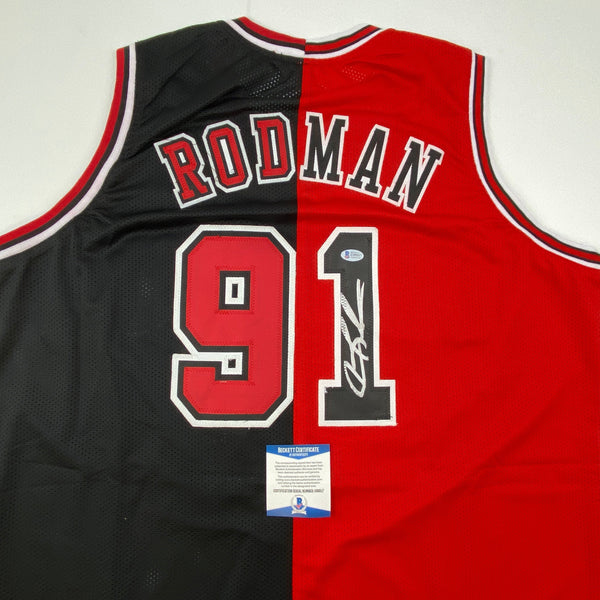 Autographed/Signed Dennis Rodman Chicago Split Red/Black Basketball Jersey Beckett BAS COA