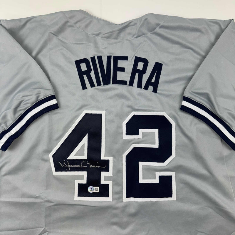 Autographed/Signed Mariano Rivera New York Grey Baseball Jersey Beckett BAS COA Holo