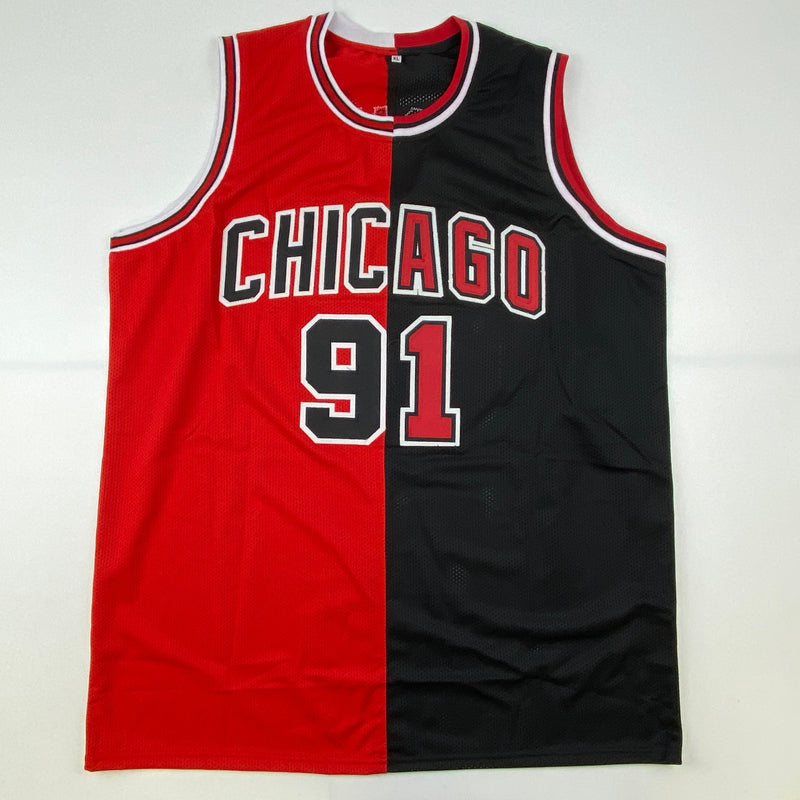 Autographed/Signed Dennis Rodman Chicago Split Red/Black Basketball Jersey Beckett BAS COA