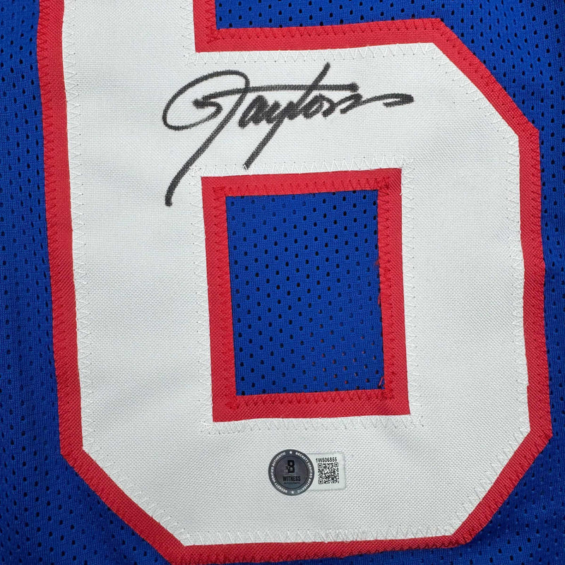 Autographed/Signed Lawrence Taylor New York Blue Football Jersey Beckett BAS COA