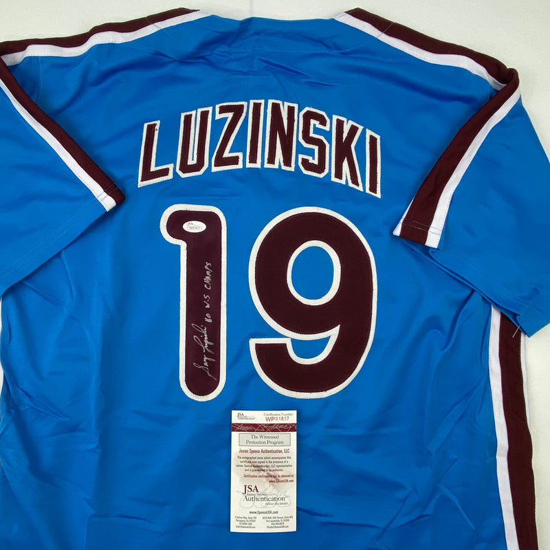 Autographed/Signed Greg Luzinski 80 WS Champs Philadelphia Retro Blue Baseball Jersey JSA COA