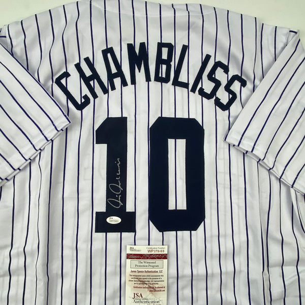Autographed/Signed Chris Chambliss New York Pinstripe Baseball Jersey JSA COA