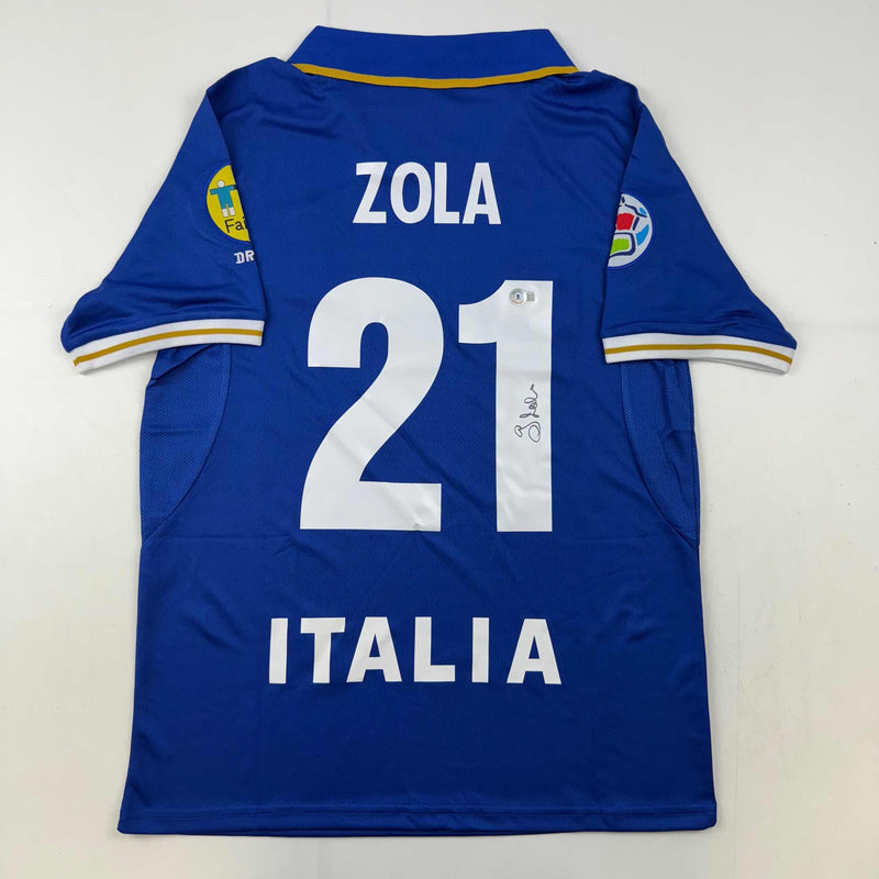 Autographed/Signed Gianfranco Zola Italy Blue Soccer Futbol Jersey Beckett BAS COA
