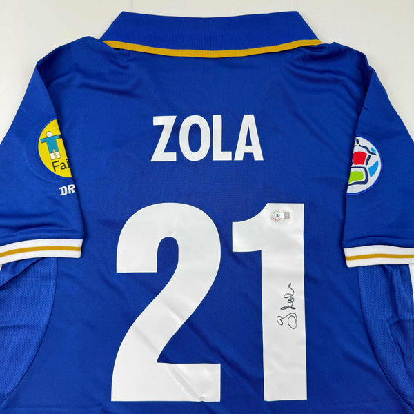 Autographed/Signed Gianfranco Zola Italy Blue Soccer Futbol Jersey Beckett BAS COA