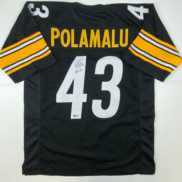 Autographed/Signed Troy Polamalu HOF 20 Pittsburgh Black Football Jersey Beckett BAS COA