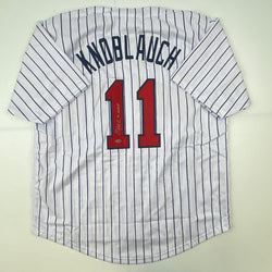 Autographed/Signed Chuck Knoblauch Minnesota Pinstripe Baseball Jersey Leaf Authentic COA