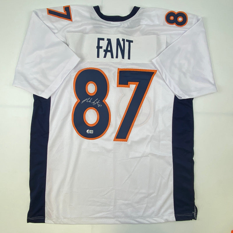 Autographed/Signed Noah Fant Denver White Football Jersey Beckett BAS COA