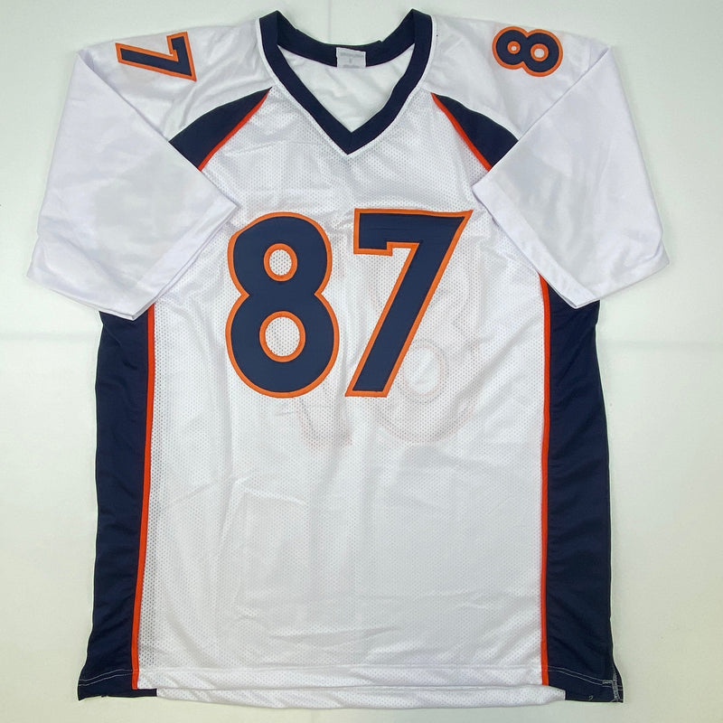 Autographed/Signed Noah Fant Denver White Football Jersey Beckett BAS COA