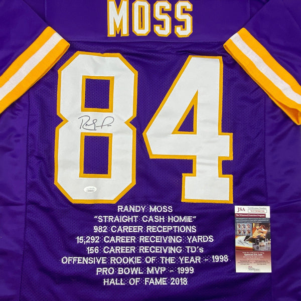 Autographed/Signed Randy Moss Minnesota Purple Stat Football Jersey JSA COA