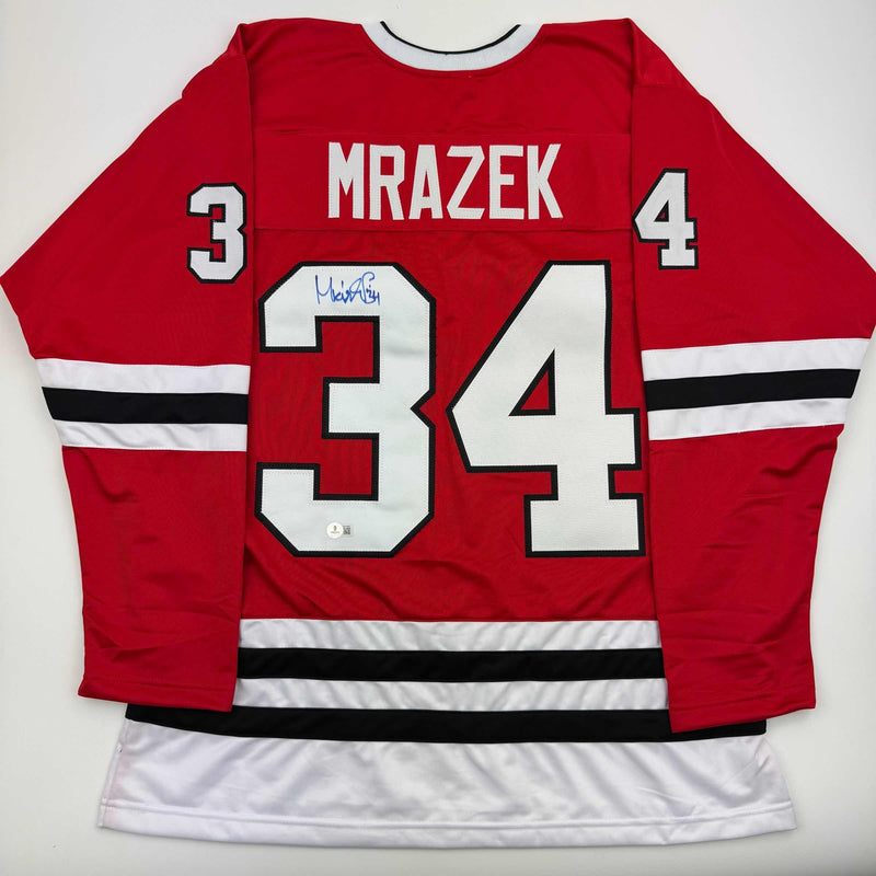 Autographed/Signed Petr Mrazek Chicago Red Hockey Jersey Beckett BAS COA