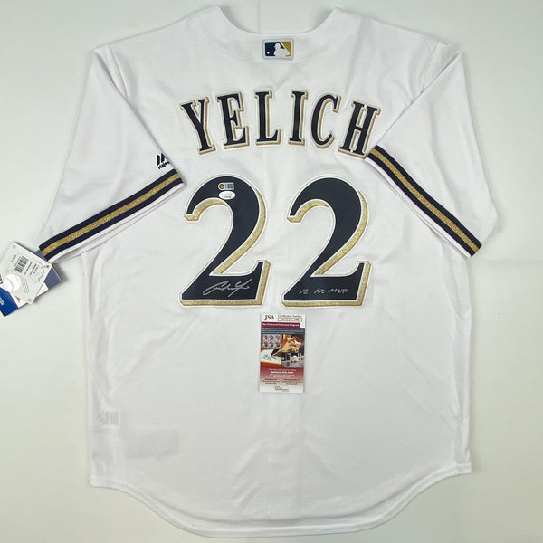 Autographed/Signed Christian Yelich 18 NL MVP Milwaukee Brewers White Cool Base Baseball Jersey JSA COA