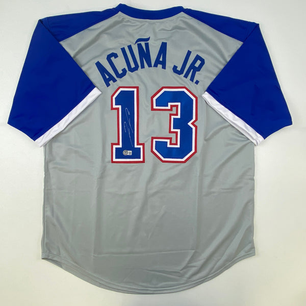 Autographed/Signed Ronald Acuna Jr. Atlanta Grey Retro Baseball Jersey Beckett BAS COA