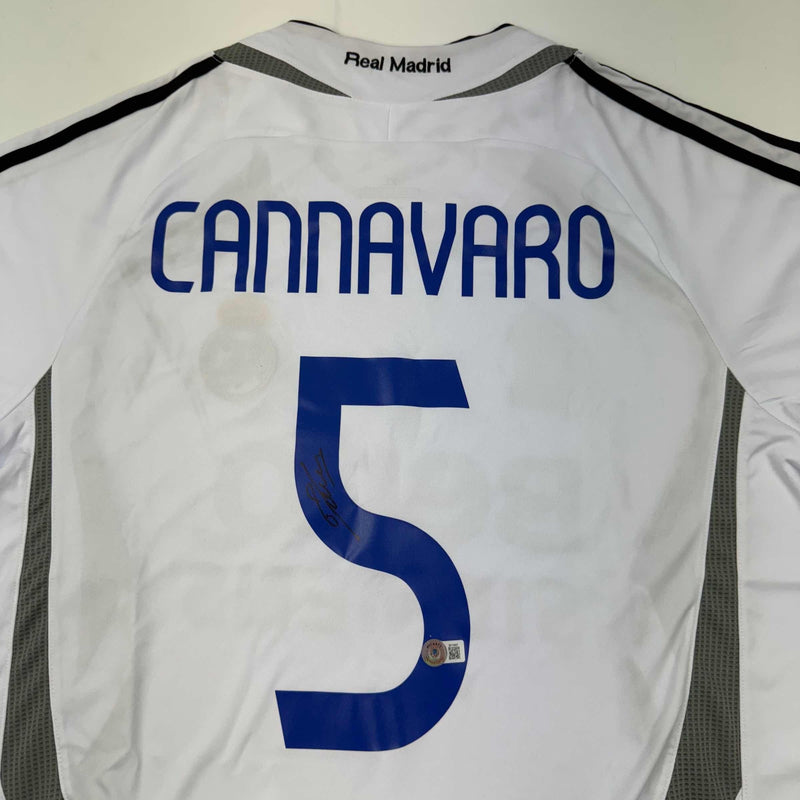 Autographed/Signed Fabio Cannavaro Real Madrid White Soccer Jersey Beckett BAS COA
