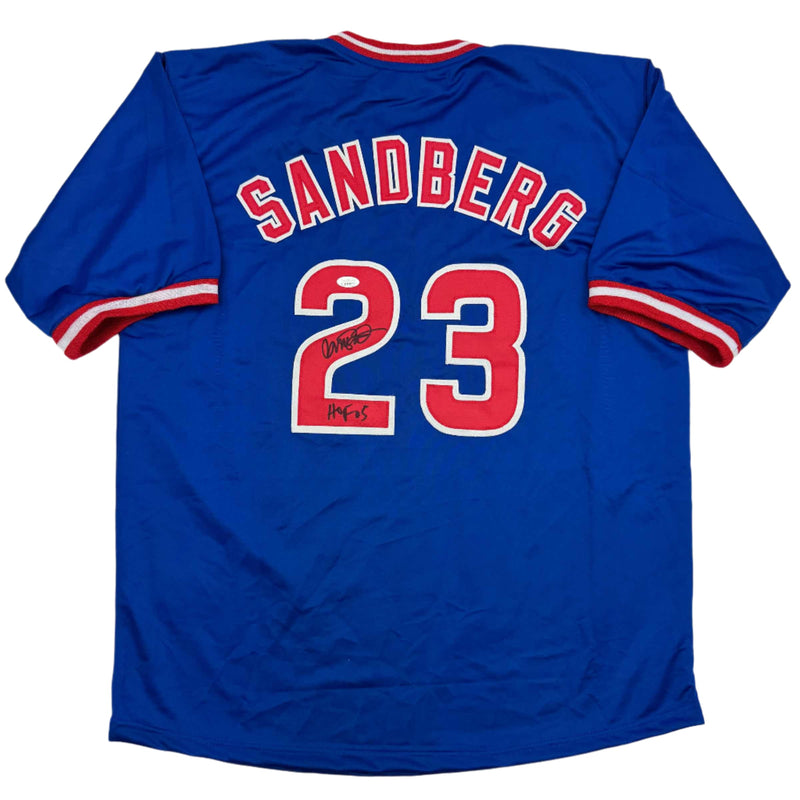 Autographed/Signed Ryne Sandberg HOF 05 Chicago Blue Baseball Jersey JSA COA