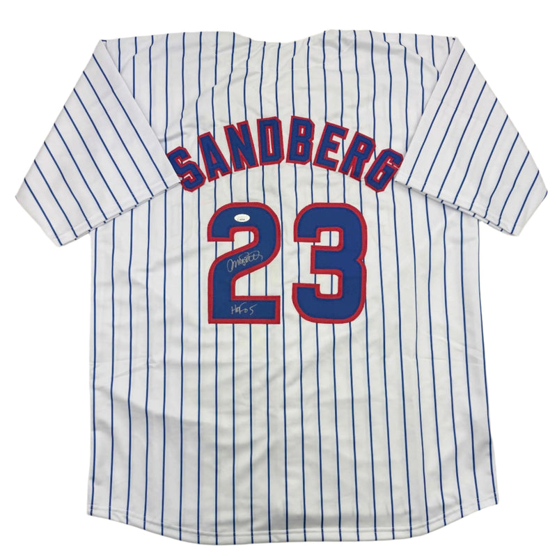 Autographed/Signed Ryne Sandberg HOF 05 Chicago White Pinstripe Baseball Jersey JSA COA