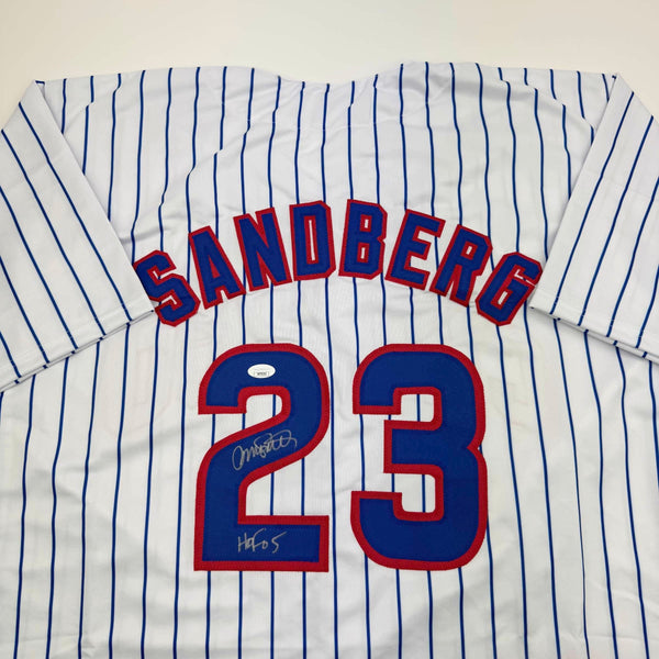 Autographed/Signed Ryne Sandberg HOF 05 Chicago White Pinstripe Baseball Jersey JSA COA
