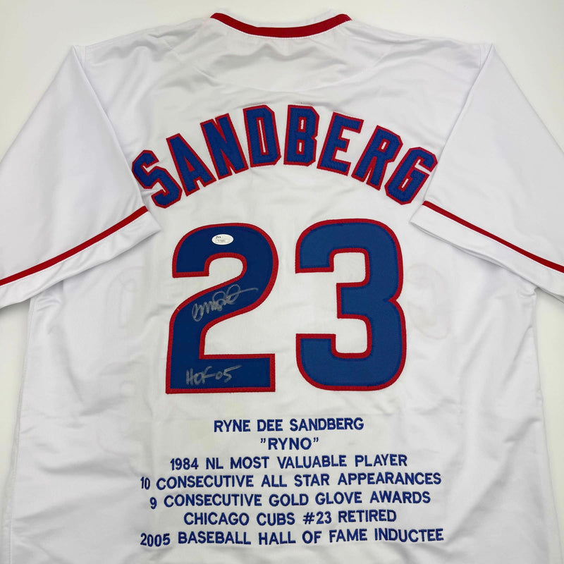 Autographed/Signed Ryne Sandberg HOF 05 Chicago White Pinstripe Stat Baseball Jersey JSA COA