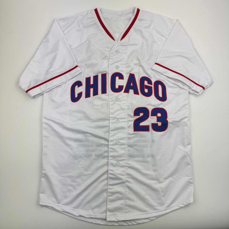 Autographed/Signed Ryne Sandberg HOF 05 Chicago White Pinstripe Stat Baseball Jersey JSA COA
