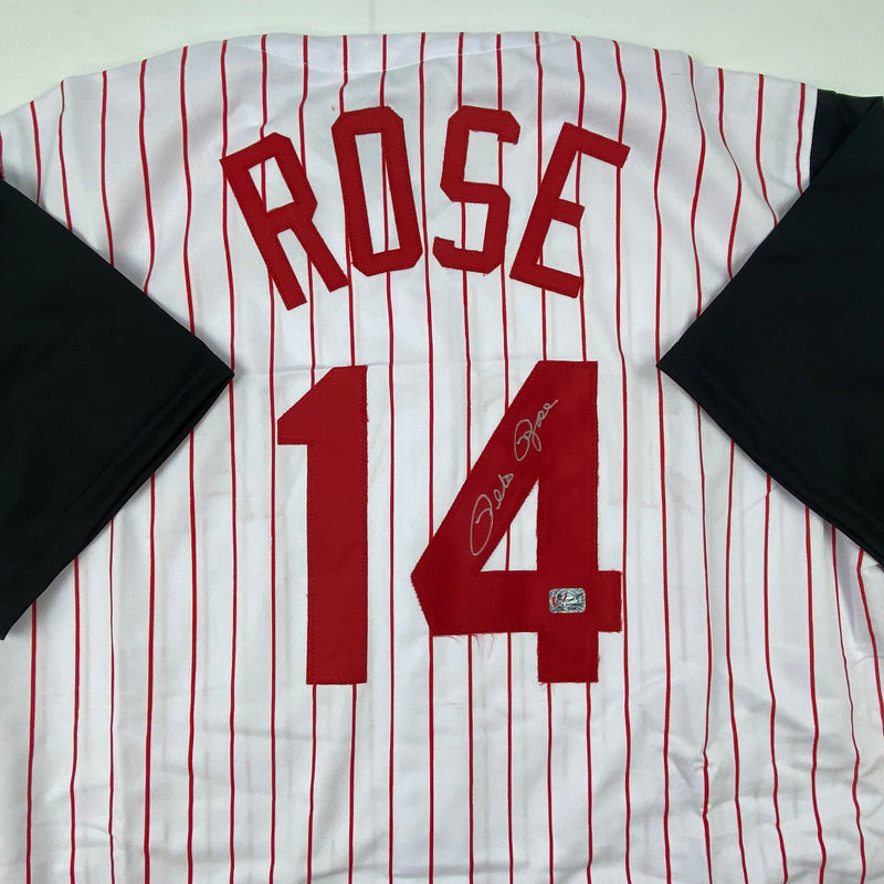 Autographed/Signed Pete Rose Cincinnati Pinstripe Baseball Jersey Athlete Hologram COA Holo