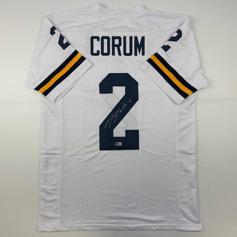 Autographed/Signed Blake Corum Michigan White College Football Jersey Beckett BAS COA