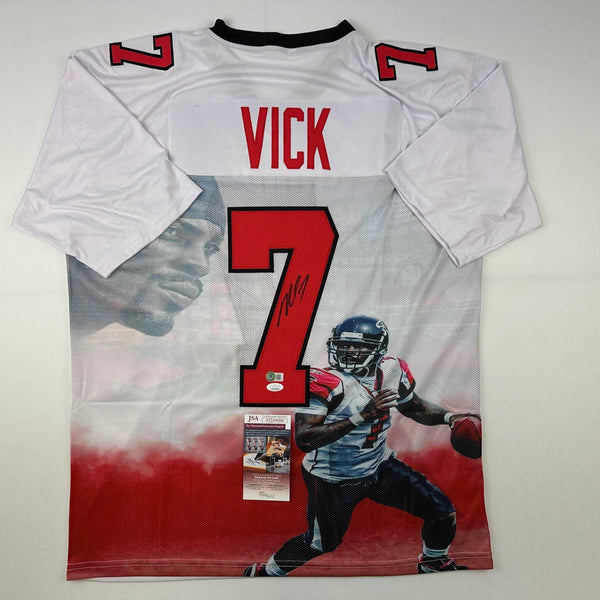Autographed/Signed Michael Mike Vick Atlanta White Photo Artwork Football Jersey JSA COA
