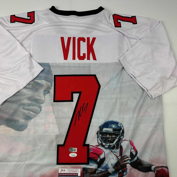 Autographed/Signed Michael Mike Vick Atlanta White Photo Artwork Football Jersey JSA COA