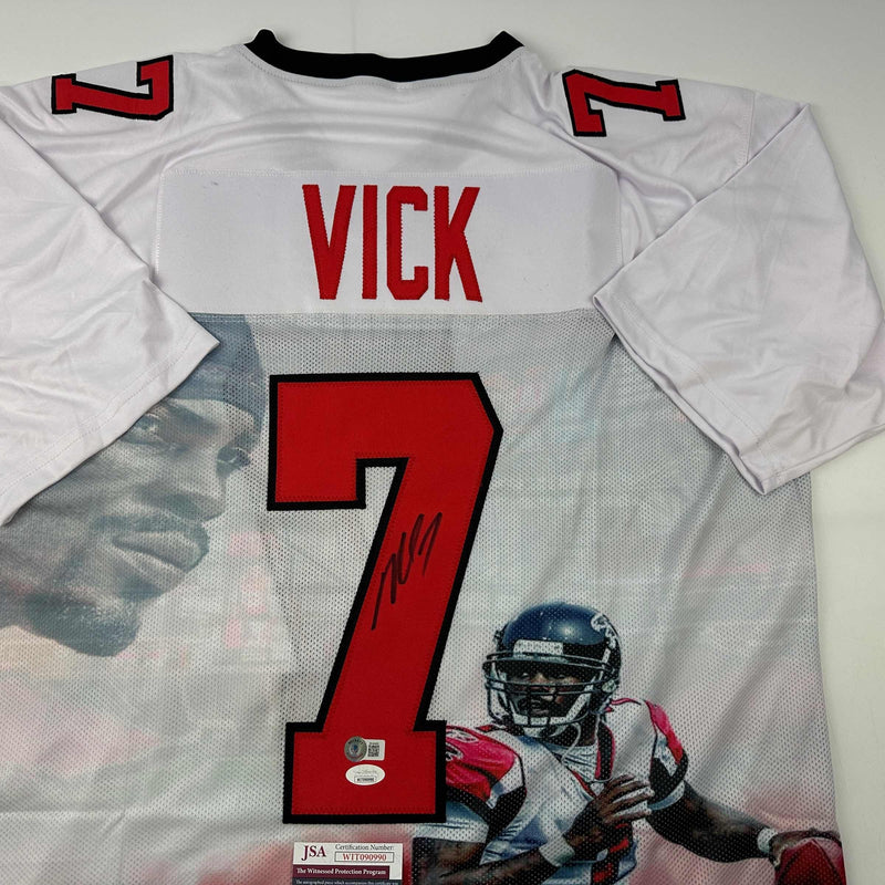 Autographed/Signed Michael Mike Vick Atlanta White Photo Artwork Football Jersey JSA COA