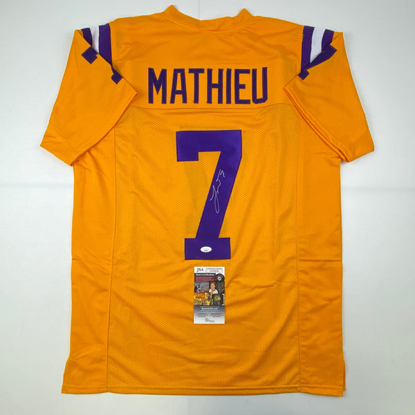 Autographed/Signed Tyrann Mathieu LSU Yellow College Football Jersey JSA COA
