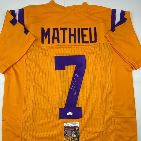 Autographed/Signed Tyrann Mathieu LSU Yellow College Football Jersey JSA COA