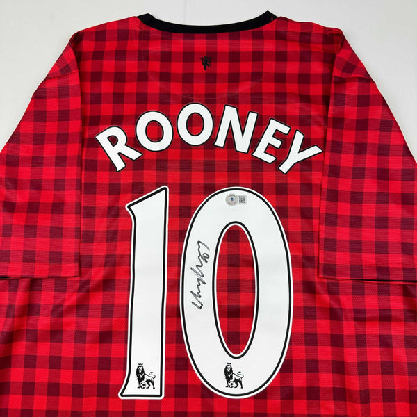 Autographed/Signed Wayne Rooney Manchester United Red Checkered Soccer Jersey Beckett BAS COA