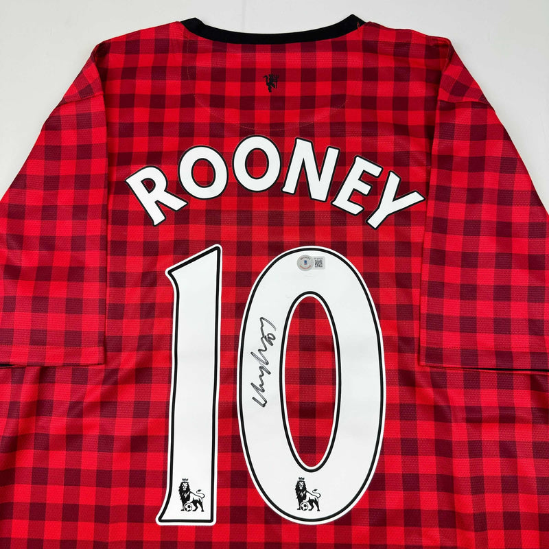 Autographed/Signed Wayne Rooney Manchester United Red Checkered Soccer Jersey Beckett BAS COA