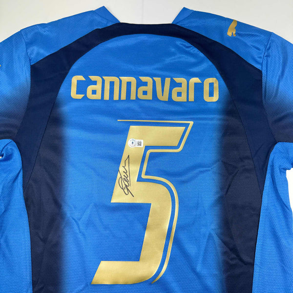 Autographed/Signed Fabio Cannavaro Italy Blue Soccer Futbol Jersey Beckett BAS COA