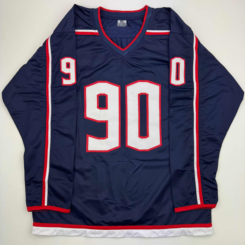 Autographed/Signed Elvis Merzlikins Columbus Blue Hockey Jersey Beckett BAS COA