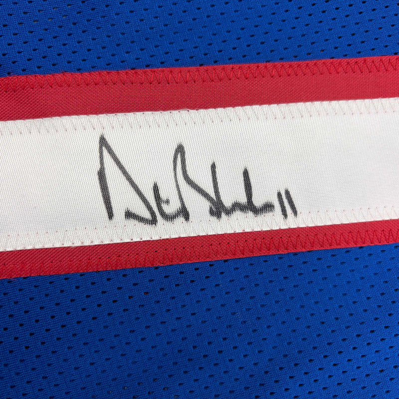 Autographed/Signed Drew Bledsoe New England Blue Football Jersey Beckett BAS COA