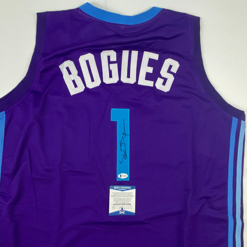 Autographed/Signed Muggsy Bogues Charlotte Purple Modern Basketball Jersey Beckett BAS COA