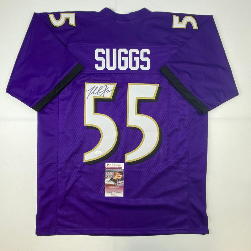 Autographed/Signed Terrell Suggs Baltimore Purple Football Jersey JSA COA