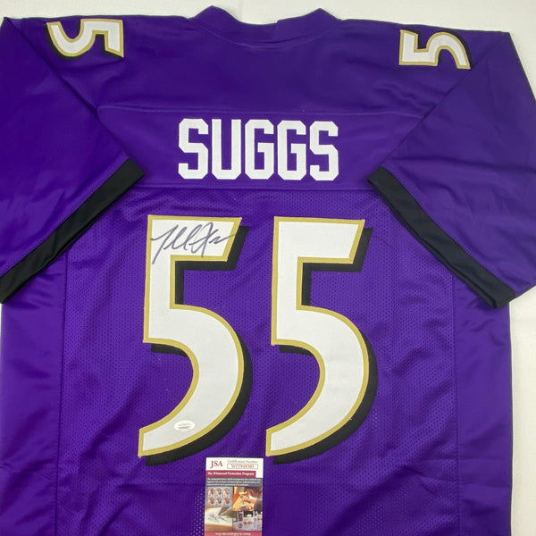 Autographed/Signed Terrell Suggs Baltimore Purple Football Jersey JSA COA