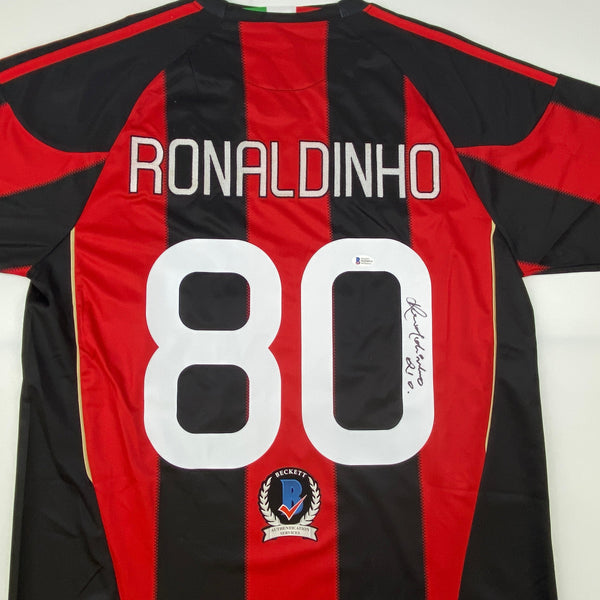 Autographed/Signed Ronaldinho AC Milan Red/Black Soccer Futbol Jersey Beckett BAS COA