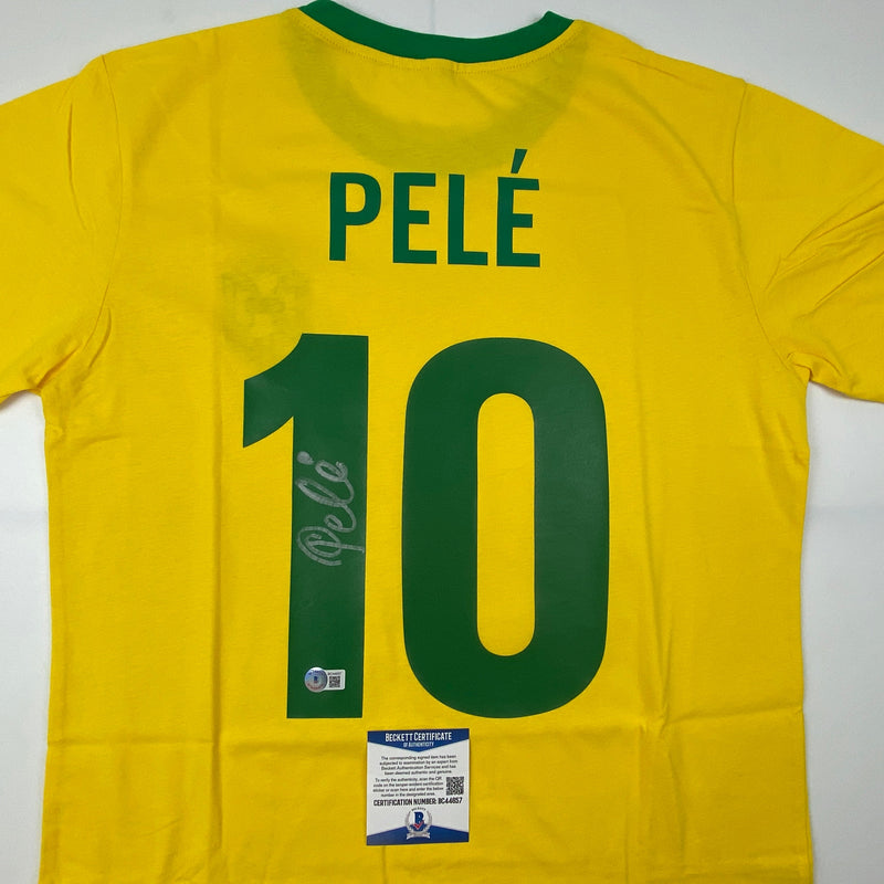 Autographed/Signed Pele Brazil Yellow Soccer Futbol Jersey Beckett BAS COA Auto #2
