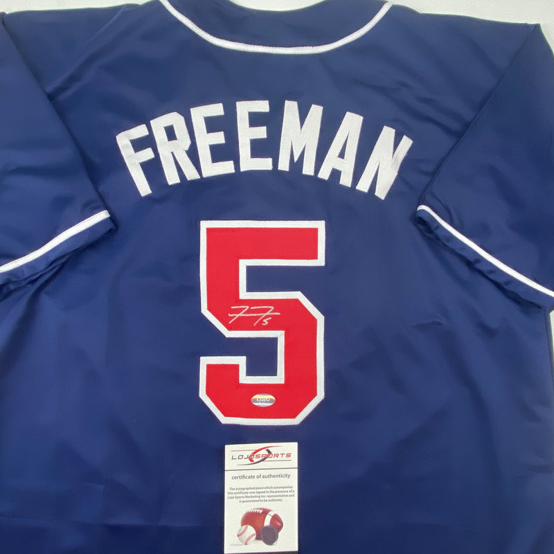 Autographed/Signed Freddie Freeman Atlanta Blue Baseball Jersey Lojo Exclusive COA