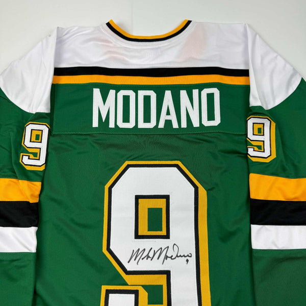 Autographed/Signed Mike Modano Minnesota Green Hockey Jersey Beckett BAS COA