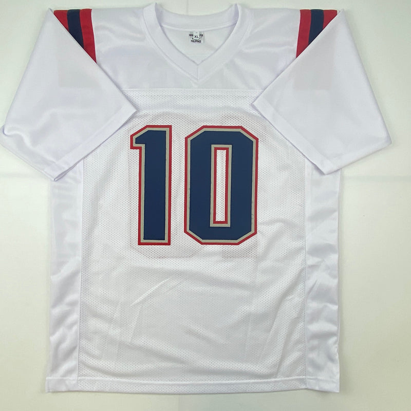 Autographed/Signed Mac Jones New England White Football Jersey Beckett BAS COA